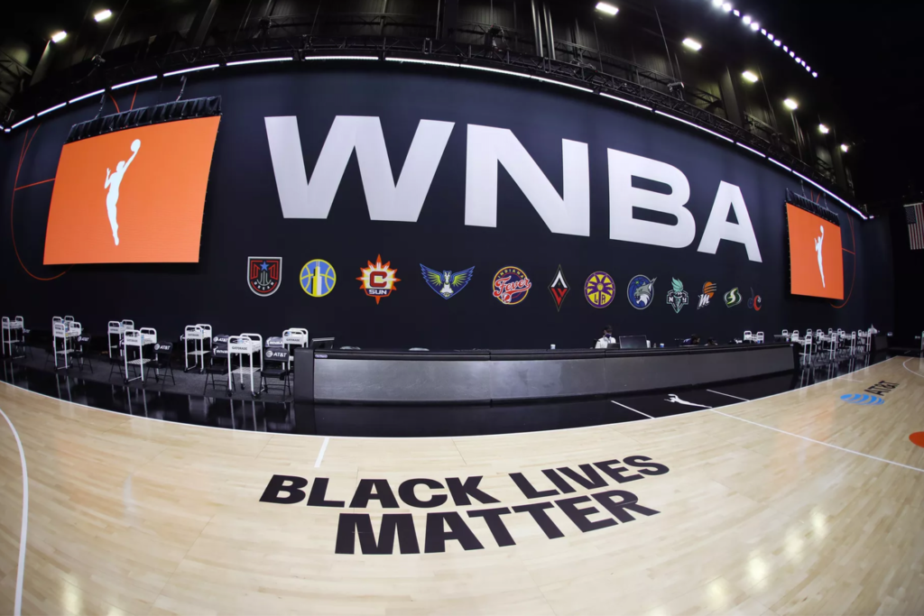 A WNBA court painted to read Black Lives Matter
